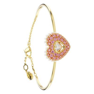 bracelet jonc hyperbola coeur metal dore perles cristaux roses et blancs longueur 165 cm ajustable 5687258