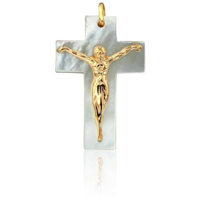 pendentif croix en nacre et christ en or jaune 18k emanessence