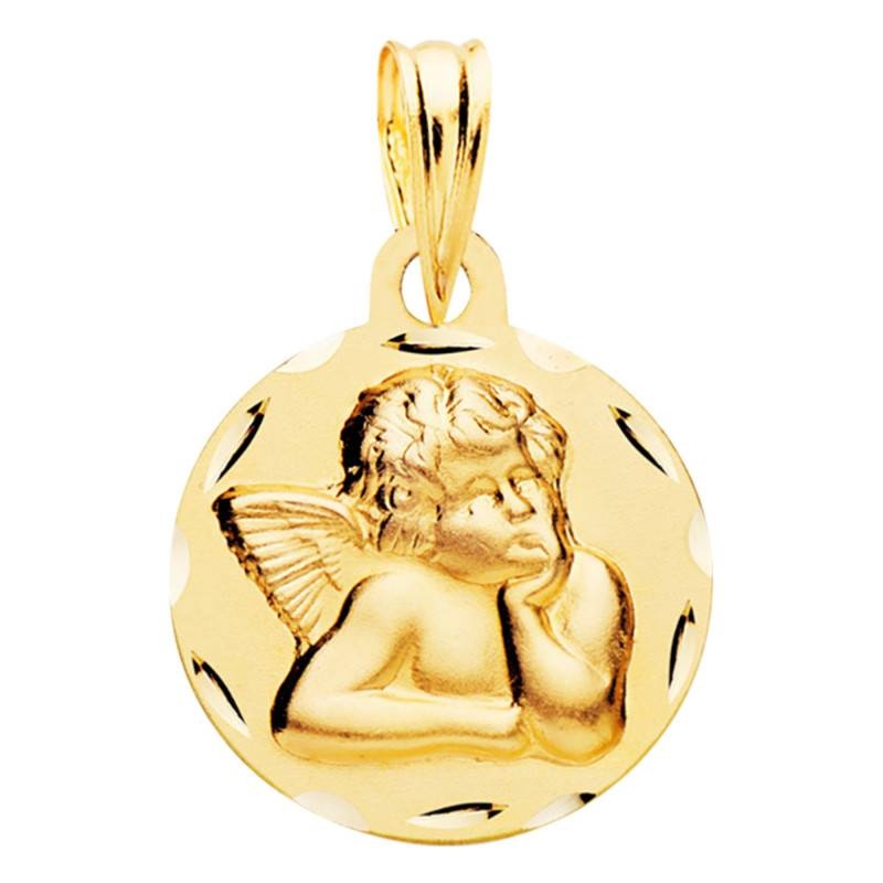 medaille ange pensif facettee en or jaune 375 ou 750 diametre 14 mm lumiosa